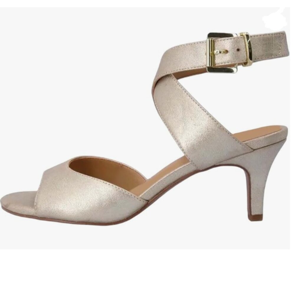 XYD Light Gold Kitten Heel Slingback Open Toe Buckled Cross Ankle Strap Sandals
